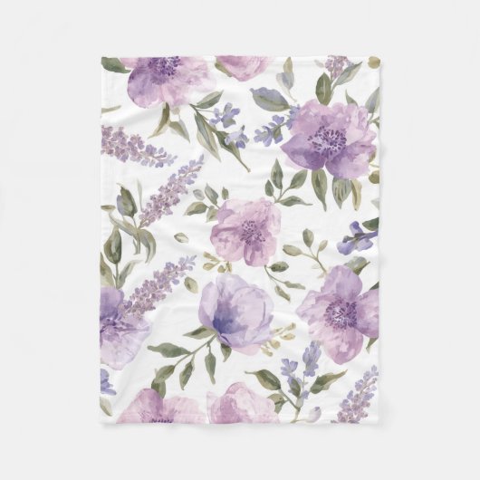 ラベンダー紫の花の水彩植物画 フリースブランケット (正面)