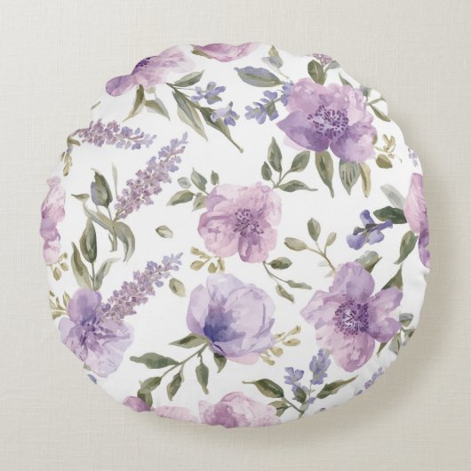 ラベンダー紫の花の水彩植物画 ラウンドクッション (正面)