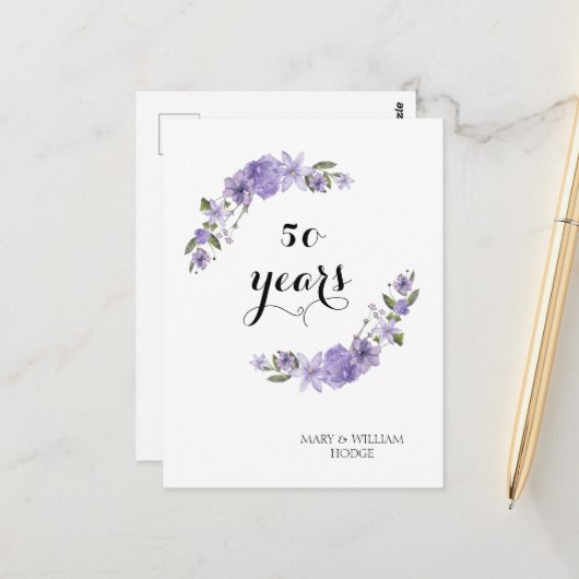 ラベンダー紫の花 50周年記念結婚式 ポストカード (正面/裏面インサイチュ)