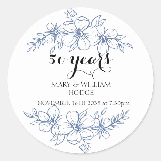 ラベンダー紫の花 50周年記念 ラウンドシール (正面)