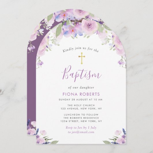 ラベンダー紫色の美しい花バプテスマ 招待状 (正面/裏面)