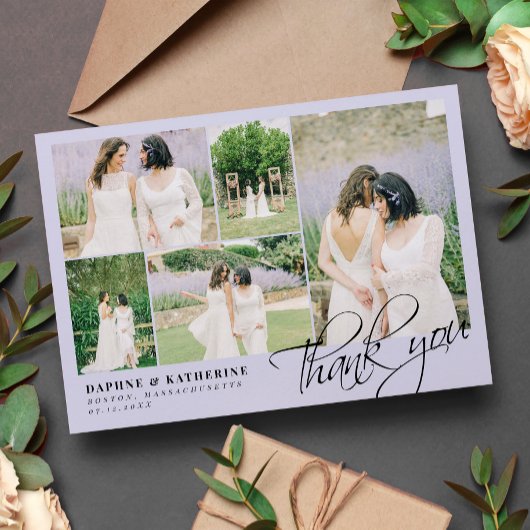 ラベンダー結婚のフォトコラージュの台本 サンキューカード
