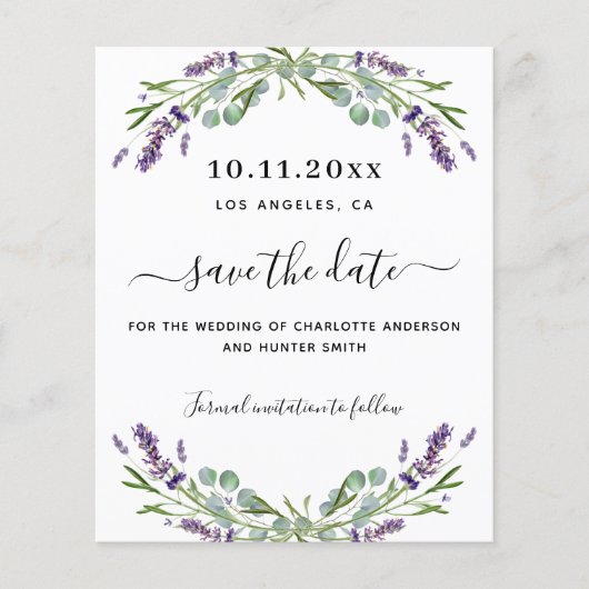 ラベンダー結婚ユーカリの予算は日付を保存 (正面)