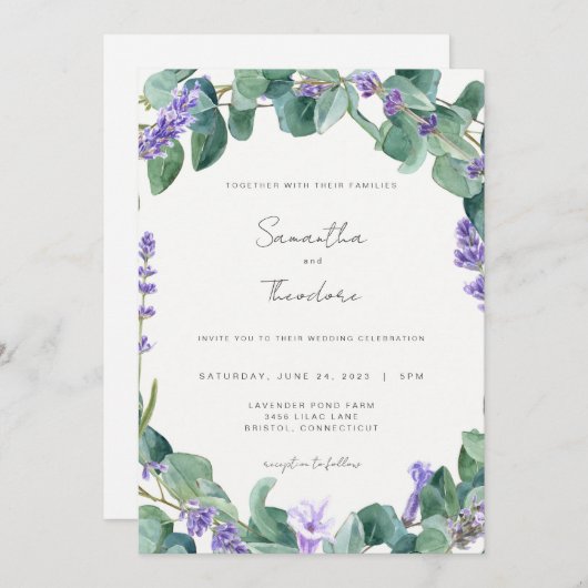 ラベンダー結婚式招待状グリーンリーパープモダンル 招待状 (正面/裏面)