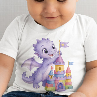 ラベンダー色のベビードラゴンお城おもちゃの名入れ ベビーTシャツ