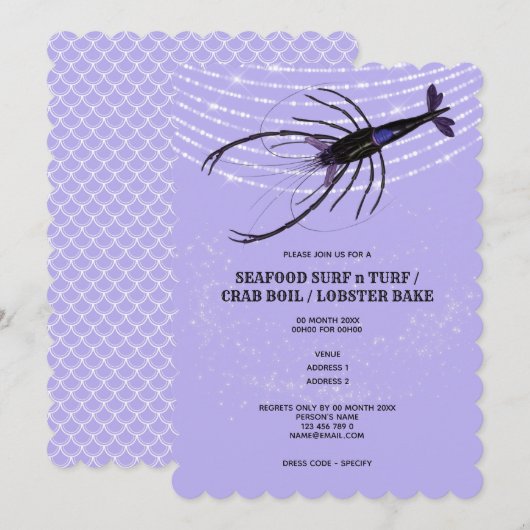 ラベンダー色のロブスター ストリングライト 魚の鱗 ザリガニ 招待状 (正面/裏面)