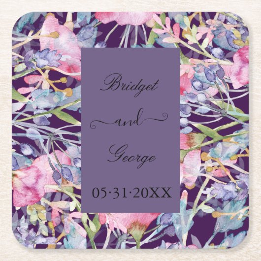 ラベンダー色のワイルドフラワーの緑の葉 スクエアペーパーコースター (正面)