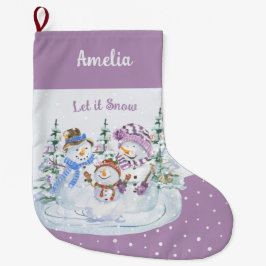 ラベンダー色の幸せな雪だるま一家 Let it Snow ラージクリスマスストッキング