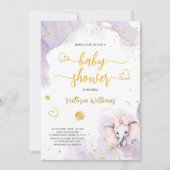 ラベンダー色の蝶の赤ちゃんシャワー　かわいいゾウ 招待状 (正面)