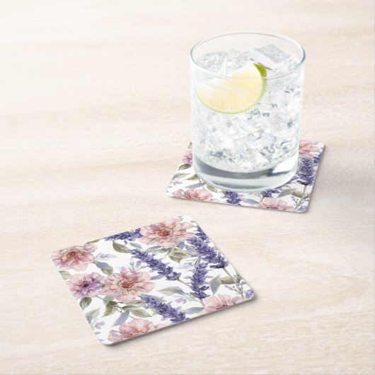 ラベンダー芍薬の水彩花柄ガーデン スクエアペーパーコースター (インサイチュ)