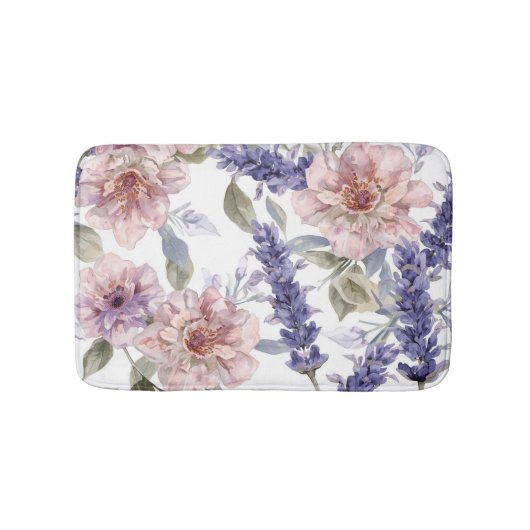 ラベンダー芍薬の水彩花柄ガーデン バスマット (正面)
