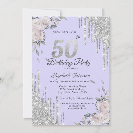 ラベンダー花とグリッター垂れ流しデザインの50歳の誕生日 招待状 (正面)