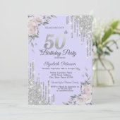ラベンダー花とグリッター垂れ流しデザインの50歳の誕生日 招待状 (スタンド正面)