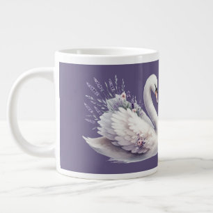 ラベンダー花と水彩の白鳥 ジャンボコーヒーマグカップ