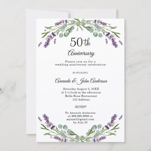 ラベンダー花の50周年結婚記念日フォト 招待状 (正面)