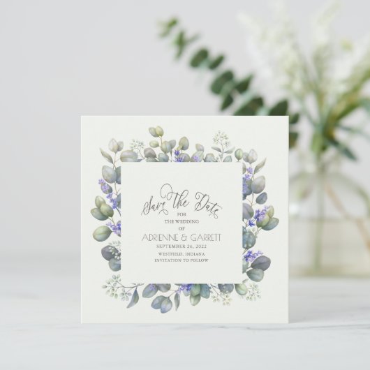 ラベンダー花スクエア結婚のユーカリ セーブザデート (スタンド正面)