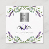 ラベンダー花バイオレットモノグラムのロゴ写真QR スクエア名刺 (正面)