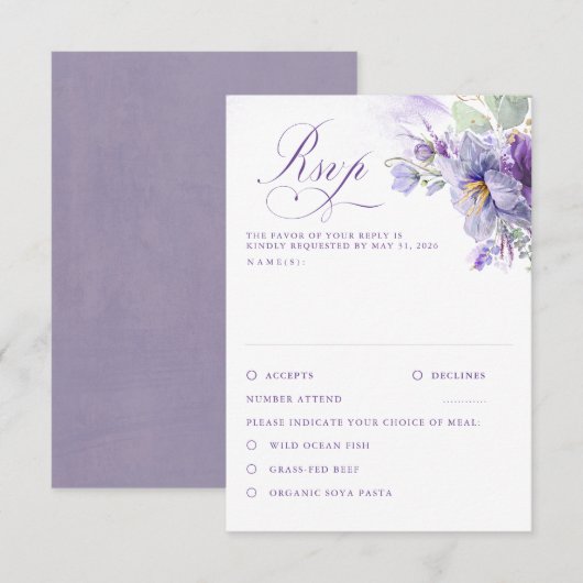 ラベンダー花ボタニカル・シックな結婚式RSVP 出欠カード (正面/裏面)