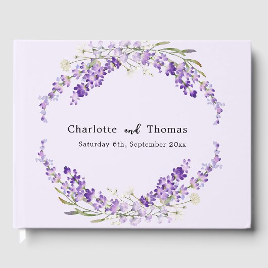 ラベンダー花模様ウォーターカラー結婚バイオレット ゲストブック (正面)