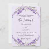 ラベンダー花模様スミレ結婚リネン 招待状 (正面)