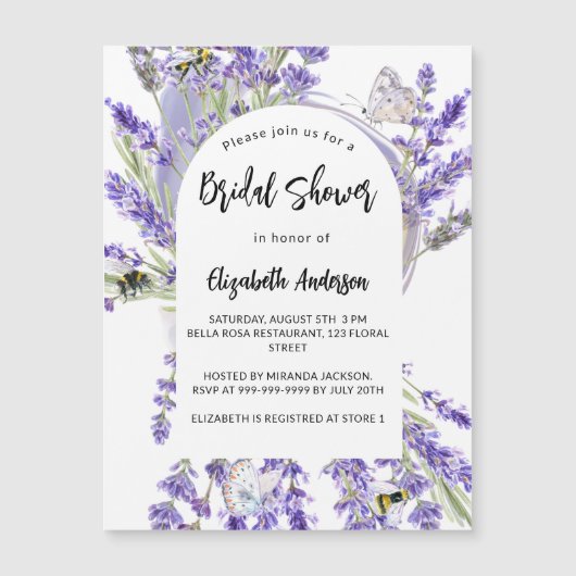 ラベンダー花模様スミレ高級ブライダルシャワー マグネット招待状 (正面)