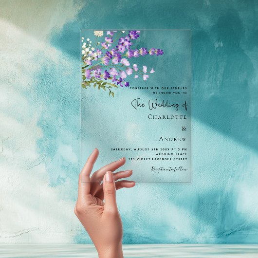 ラベンダー花模様ス澄んミレ結婚ート アクリル招待状