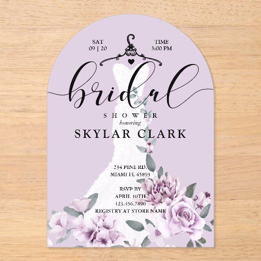 ラベンダー花模様ス結婚ホワイトズドレスブライダルシャワー アクリル招待状 (正面)