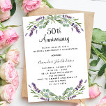 ラベンダー花模様ラグジュアリー結婚50周年 招待状<br><div class="desc">ラベンダーの花飾とユーカリの緑の白い背景。名前と詳細のパーソナライズ</div>