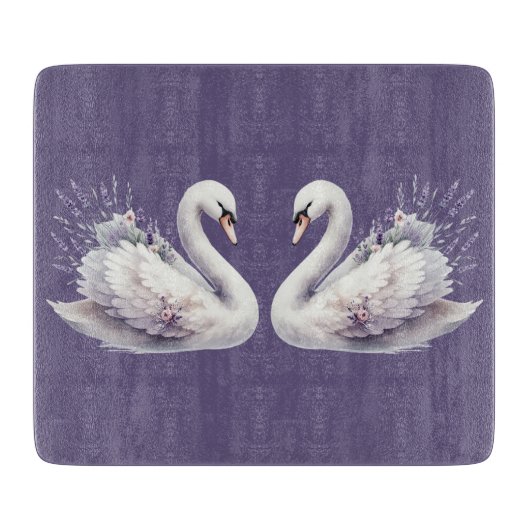 ラベンダー花模様付き水彩白鳥 カッティングボード (正面)