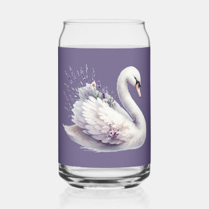 ラベンダー花模様付き水彩白鳥 ガラス缶