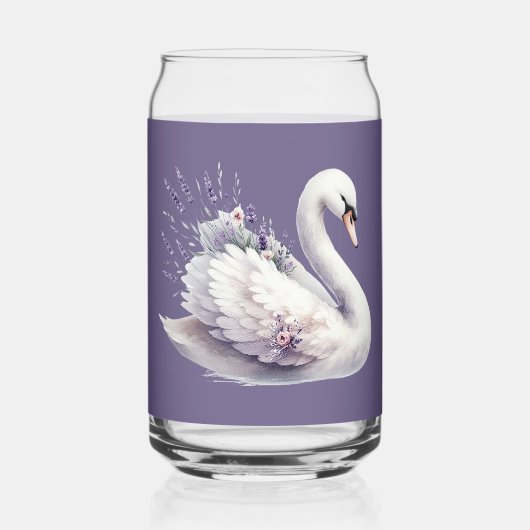 ラベンダー花模様付き水彩白鳥 ガラス缶 (正面)
