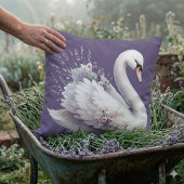 ラベンダー花模様付き水彩白鳥 クッション