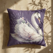 ラベンダー花模様付き水彩白鳥 クッション