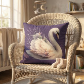 ラベンダー花模様付き水彩白鳥 クッション