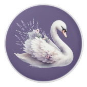 ラベンダー花模様付き水彩白鳥 セラミックノブ (正面)