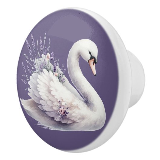 ラベンダー花模様付き水彩白鳥 セラミックノブ (右)