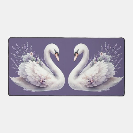 ラベンダー花模様付き水彩白鳥 デスクマット (正面)