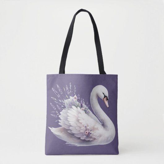 ラベンダー花模様付き水彩白鳥 トートバッグ (正面)