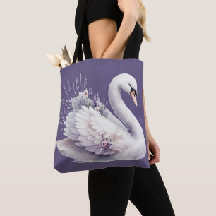ラベンダー花模様付き水彩白鳥 トートバッグ