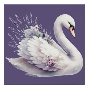 ラベンダー花模様付き水彩白鳥 ポスター