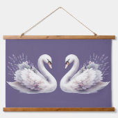 ラベンダー花模様付き水彩白鳥 吊り下げ型タペストリー (正面)