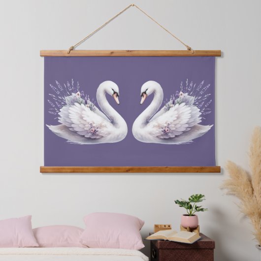 ラベンダー花模様付き水彩白鳥 吊り下げ型タペストリー (寝室)