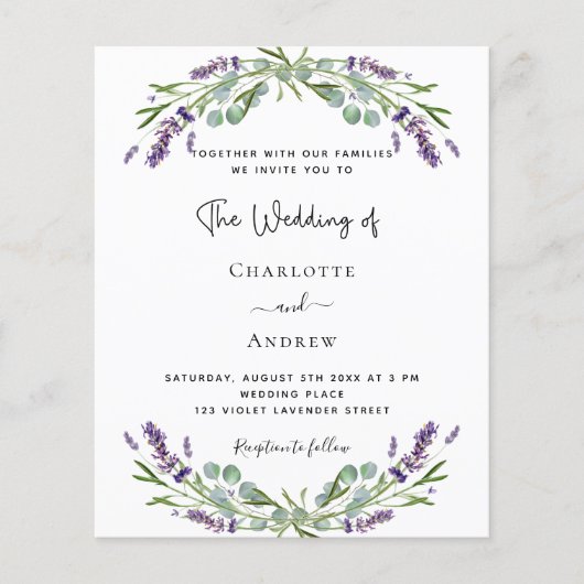 ラベンダー花模様写真予算結婚式招待状 (正面)