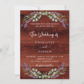 ラベンダー花模様素朴な茶色結婚の木材 招待状 (正面)