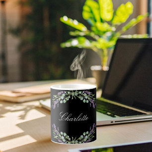 ラベンダー花模様eucalyptus greeneryブラックネーム コーヒーマグカップ
