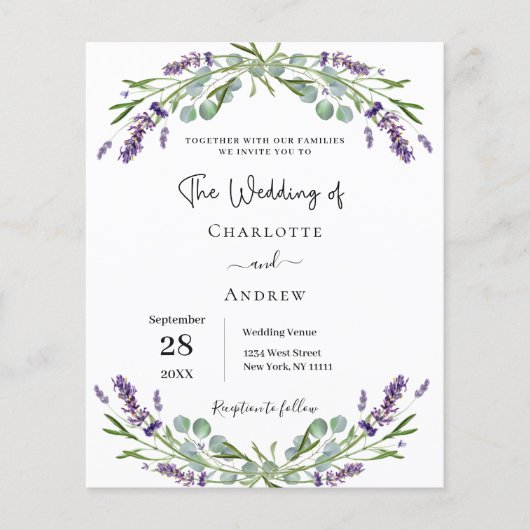 ラベンダー花模様QR RSVP予算結婚式招待状 (正面)