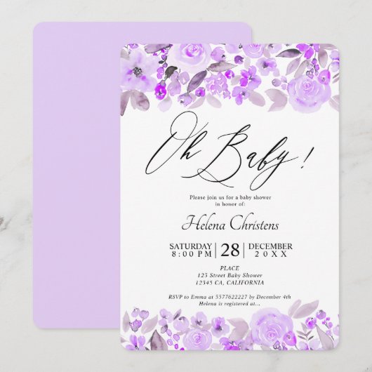 ラベンダー花水彩ベビーシャワー 招待状 (正面/裏面)