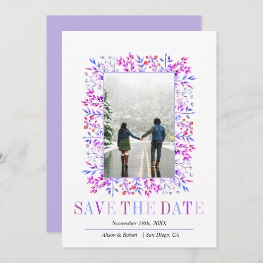 ラベンダー葉の実縁ど、冬の結婚式 セーブザデート (正面/裏面)