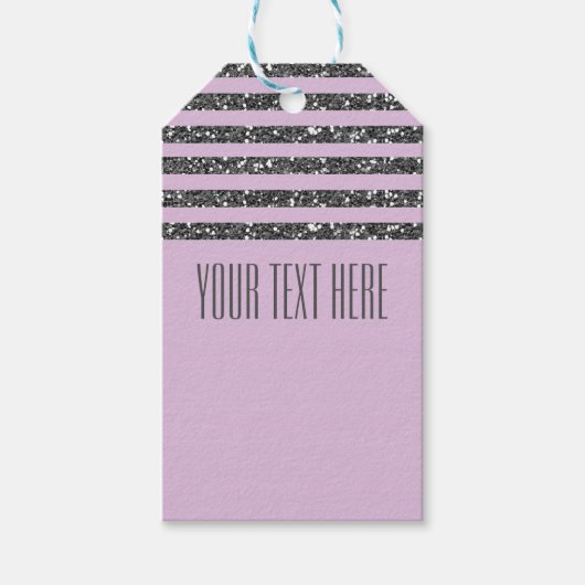 ラベンダー薄紫パープルシルバーグリッターストライプパーティー ギフトタグ (正面)