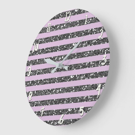 ラベンダー薄紫パープルシルバーグリッターストライプ ラージ壁時計 (傾斜)